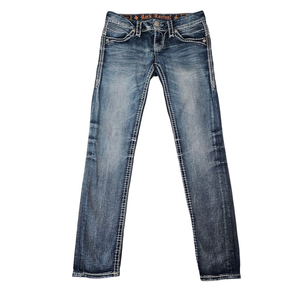 Rock Revival Calie Skinny Jeans Womens 27 Medium Wash Embroidered Studded Flawed - Picture 3 of 17